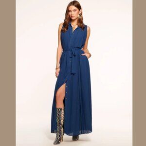 NWT Ramy Brook Coraline Pleated Maxi Shirtdress Spring Navy XXL